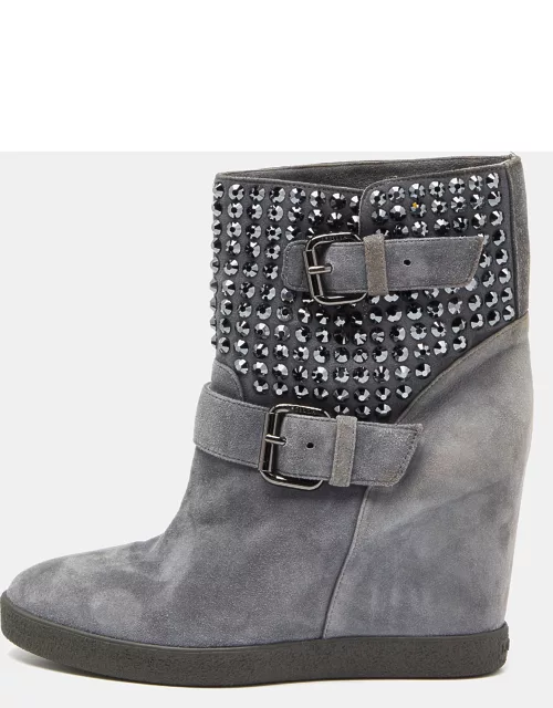 Le Silla Grey Suede Crystal Embellished Wedge Ankle Boot