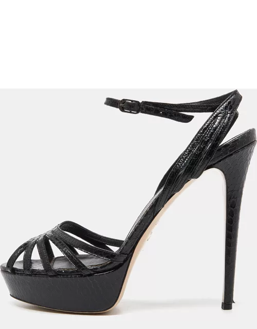 Le Silla Black Python Embossed Leather Ankle Strap Platform Sandal