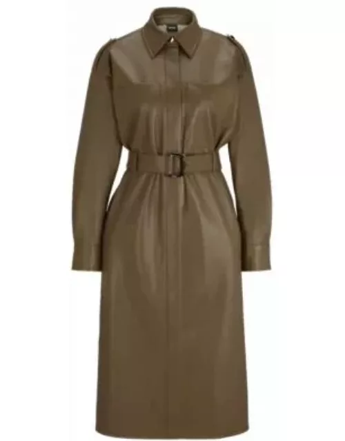 Belted shirt dress in perforated faux leather- Light Brown Women's Business Dresse