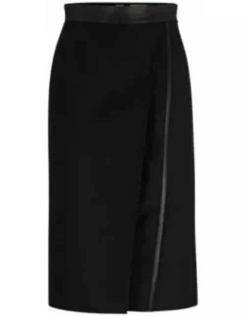 Pencil skirt in wool twill with faux-leather trims- Black Women's Pencil Skirt