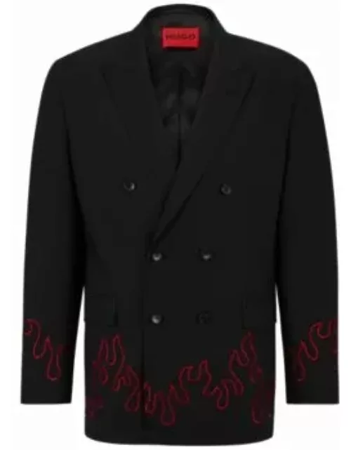 Modern-fit double-breasted jacket with flame embroidery- Black Men's Sport Coat