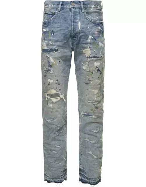 Light Blue Wrinkled Jeans With Rips And Paint Stains In Cotton Denim Man Purple Brand