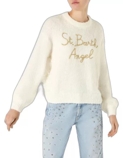 MC2 Saint Barth Woman White Brushed Crewneck Sweater With Fringe