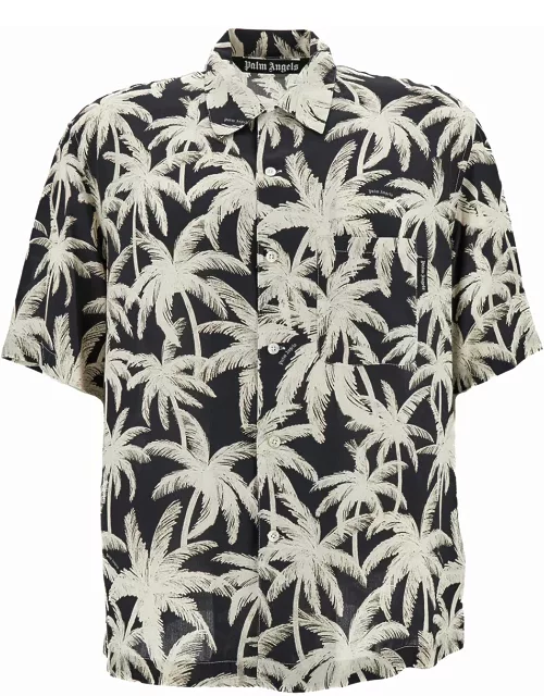Palm Angels Black And White Short Sleeve Shirt With All-over Palm Print In Viscose Man