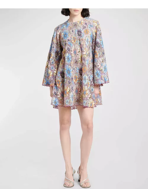 Embroidered Floral Lace Bell-Sleeve Mini Dres