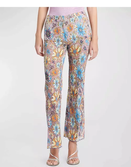 Mid-Rise Floral Embroidered Lace Flare Ankle Pant