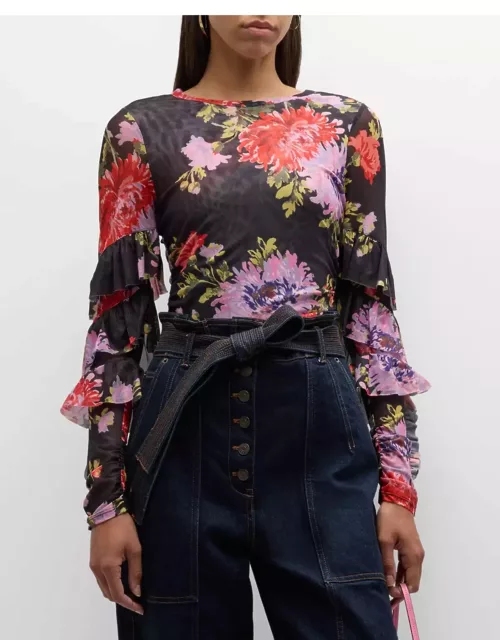Elle Floral-Print Ruffle-Sleeve Shirred Top