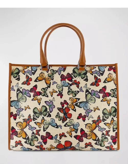 Butterfly-Print Raffia Tote Bag
