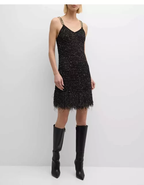 Fringed Hem Tweed Mini Dress with Chain Strap