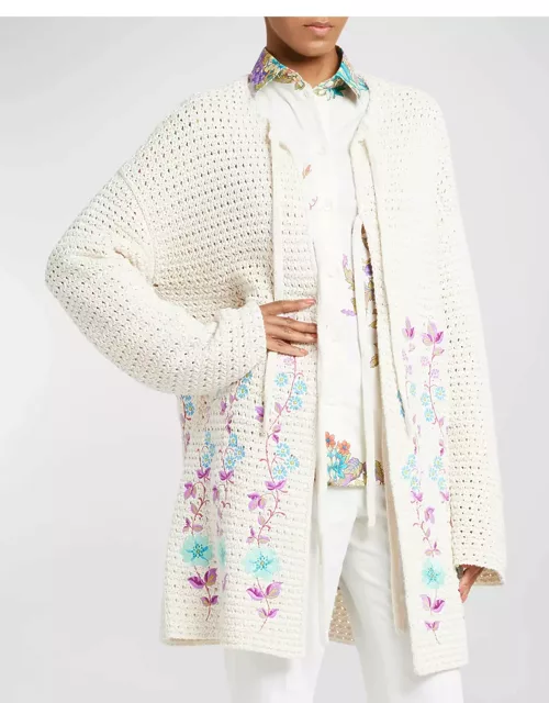 Vine-Embroidered Tie Open-Knit Cardigan
