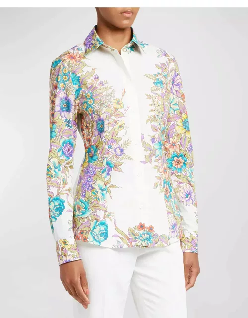 Bouquet Floral-Print Long-Sleeve Slim-Fit Cotton Shirt