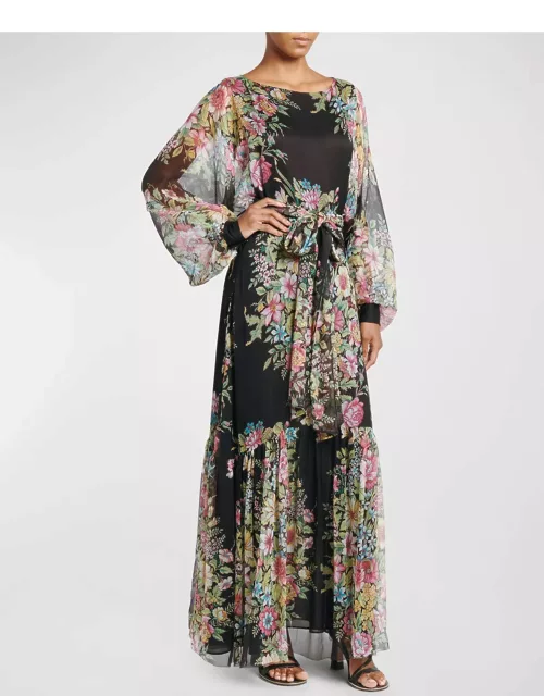 Bouquet Floral-Print Balloon-Sleeve Tiered Silk Dres