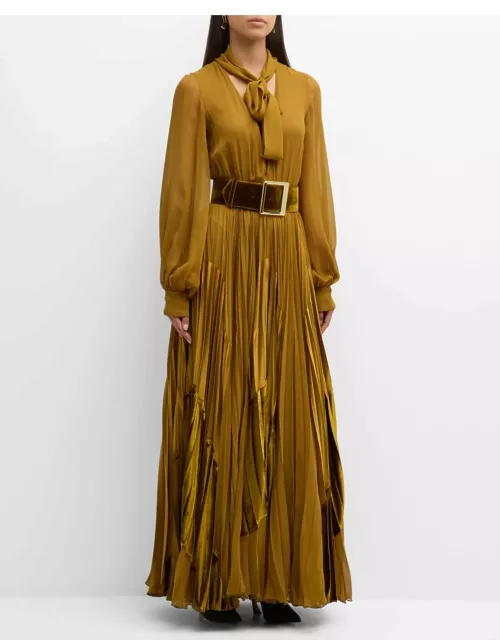 Plunging Neck-Tie Pleated Long-Sleeve Silk Maxi Dres