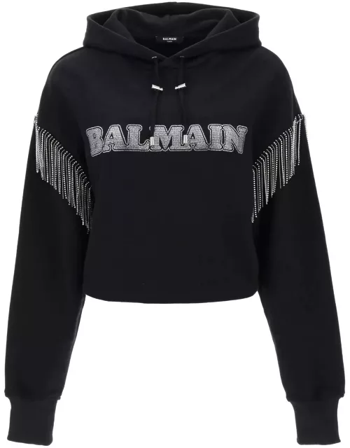 BALMAIN cropped hoodie with rhinestone-studded logo and crystal cupchain