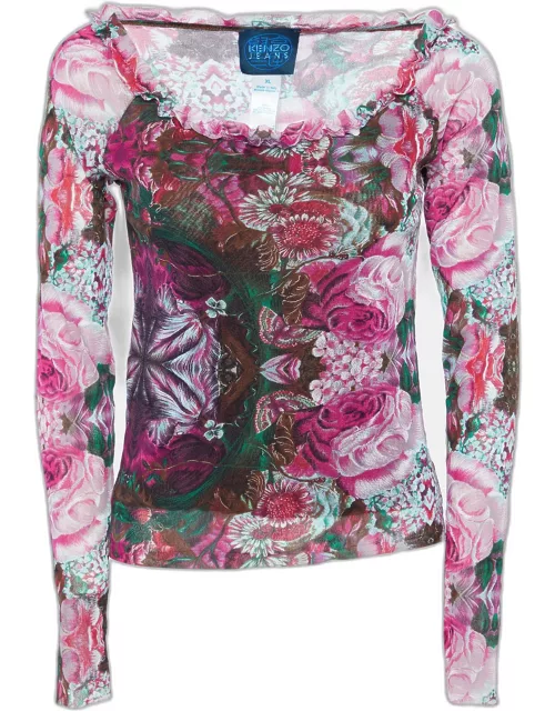 Kenzo Jeans Pink Floral Print Knit Ruffled Neck Top