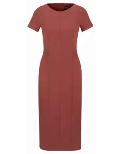 Slit-front business dress with gathered details- Dark Red Women's Business Dresse