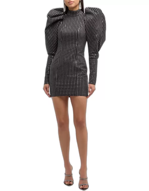 Sequin Twill Gigot-Sleeve Mini Dres