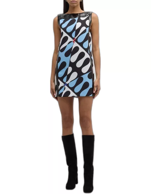 Abstract-Print Patent-Leather Sleeveless Mini Dres
