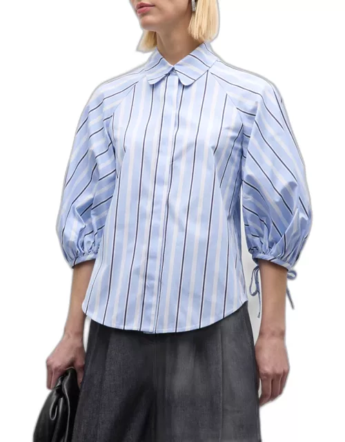 Striped Puff-Sleeve Collared Shirt