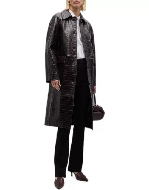 Raglan-Sleeve Croc-Embossed Leather Midi Coat