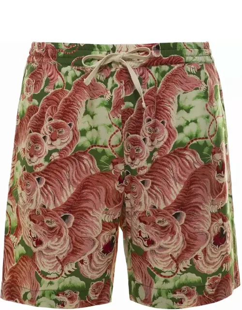 Pence Multicolor Drawstring Shorts With All-over Tiger Print In Viscose Blend Man