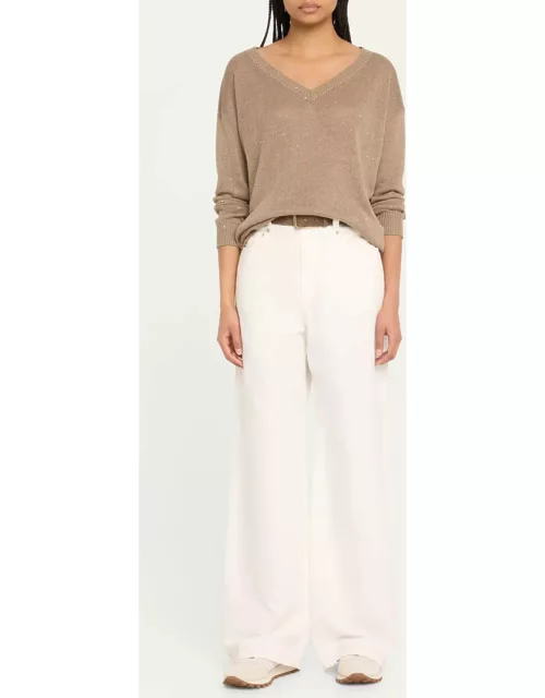 V-Neck Linen-Silk Paillette Pullover