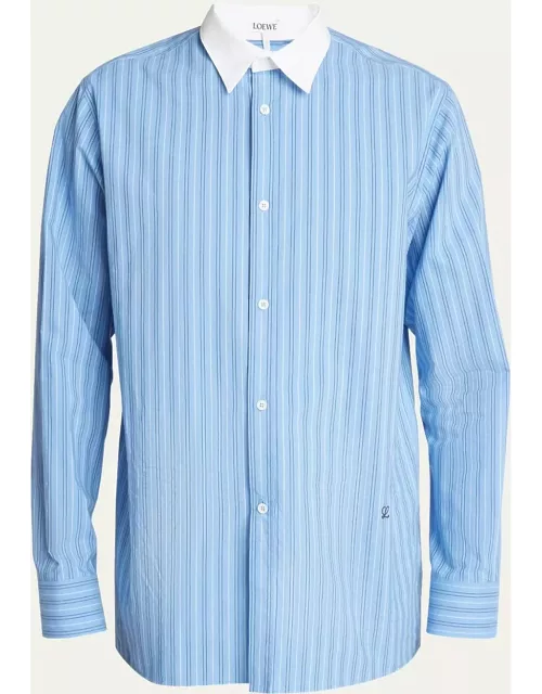 Men's Poplin Striped Banker-Collar Dress Shirt