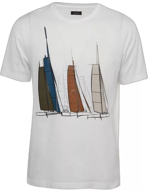 Z Zegna White Sailing Boat Print Cotton Crew Neck T-Shirt