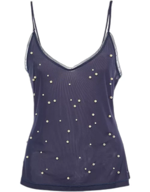 Chanel Navy Blue Pearl Embellished Jersey Camisole Top