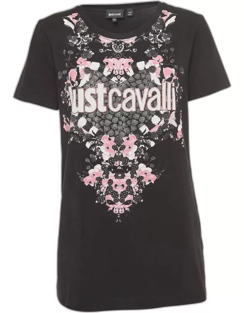 Just Cavalli Black Logo Print Stretch Cotton Fitted T-Shirt