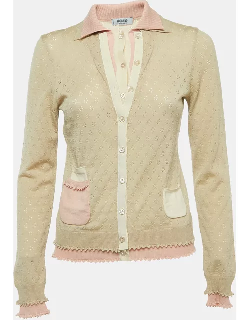 Moschino Cheap and Chic Beige/Pink Perforated Wool Knit Button Front Cardigan