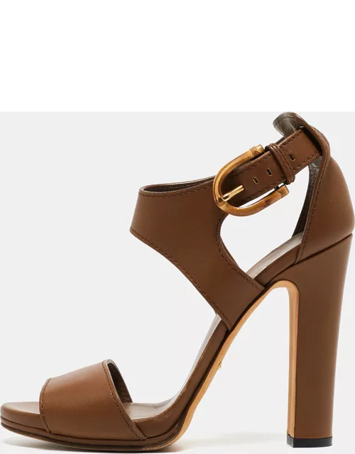 Gucci Brown Leather Bamboo Buckle Ankle Strap Sandal