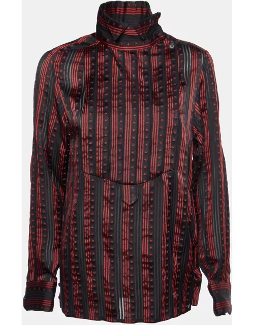 Chanel Black/Red Star Striped Silk Pleated Sheer Shirt