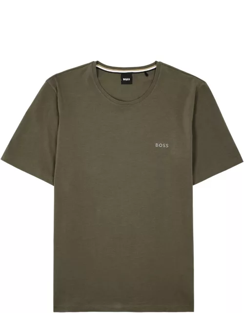 Boss Logo-embroidered Stretch-cotton T-shirt - Khaki