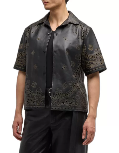Men's Leather Laser-Cut Bandana Camp Shirt