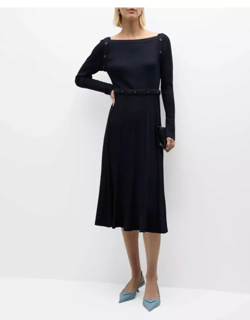 Gemma Button Long-Sleeve Pleated Knit Midi Dres