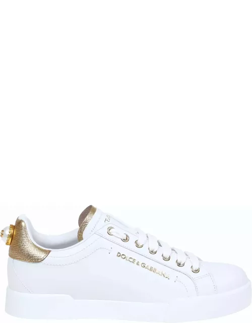 Dolce & Gabbana Portofino Sneakers In White Leather With Logo Pear