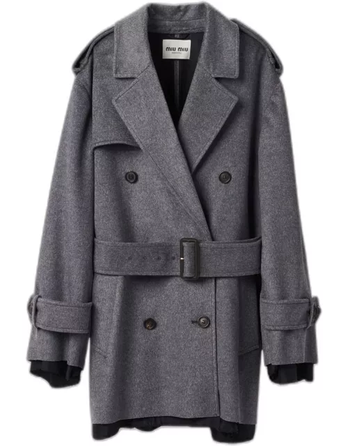 Short Velour Double-Breast Belted Wool Coat