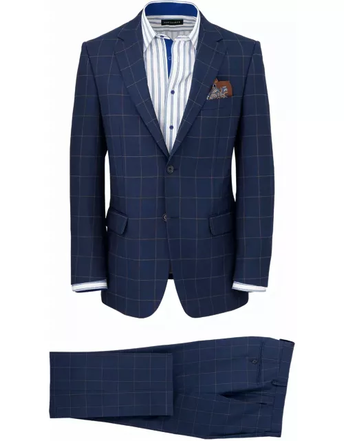 Wool Stretch Windowpane Single Breasted Notch Lapel Suit