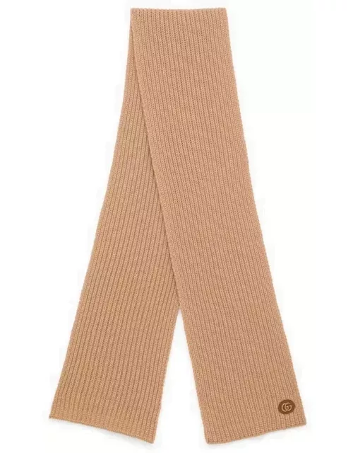Camel-coloured cashmere scarf with logo
