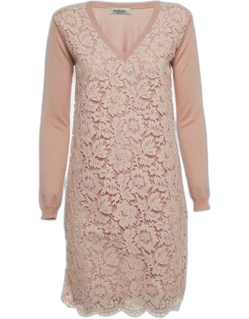 Valentino Pale Pink Floral Lace & Wool Knit Long Sleeve Dress