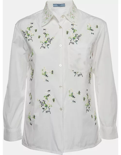 Prada White Cotton Floral Sequin Embellished Button Front Shirt