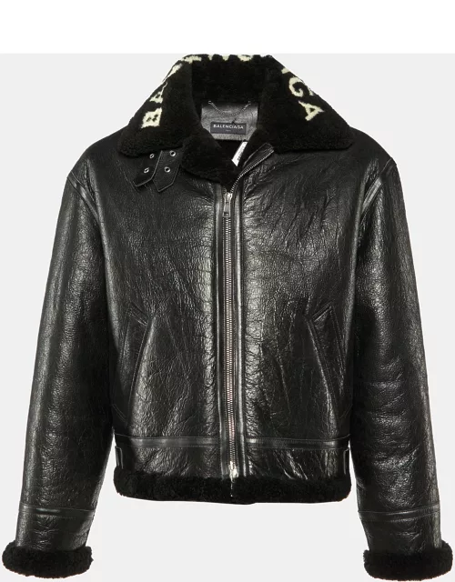 Balenciaga Black Texture Leather & Logo Shearling Jacket
