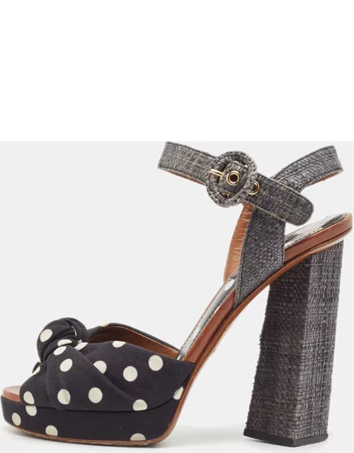 Dolce & Gabbana Black/White Raffia And Canvas Platform Ankle Strap Sandal