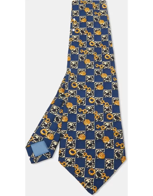 Celine Vintage Navy Blue Print Silk Traditional Tie