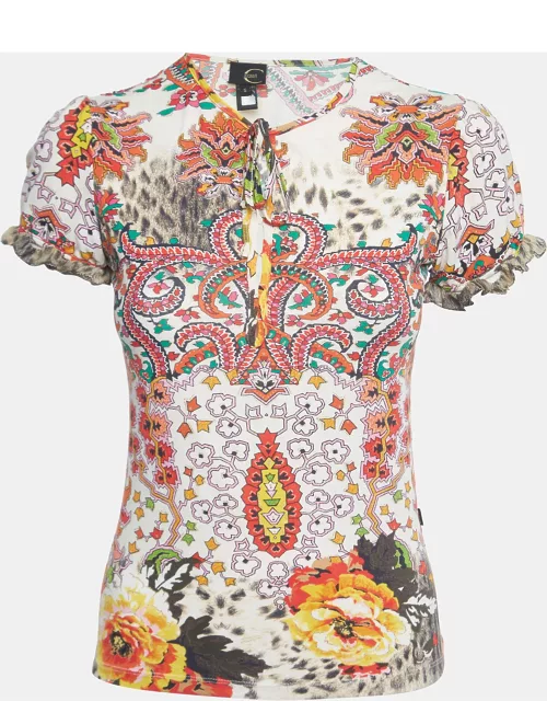 Just Cavalli Multicolor Print Knit Frilled Sleeve Detail T-Shirt