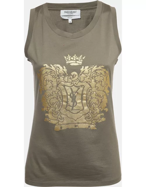 Yves Saint Laurent Grey Logo Print Cotton Sleeveless T-Shirt