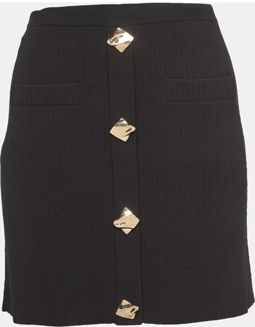 Self-Portrait Black Ribbed Knit Buttoned Mini Skirt