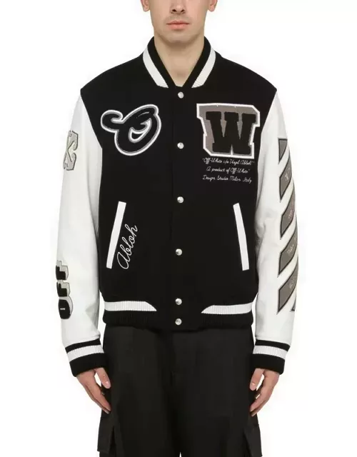 Black and white wool and leather varsity jacket