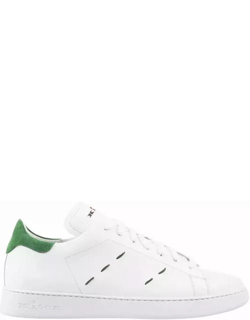 Kiton White Leather Sneakers With Green Detail